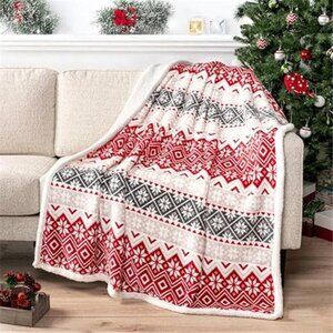 Christmas Sherpa Throw Blanket Red White Snowflake Plush Fleece Holiday 50x60
